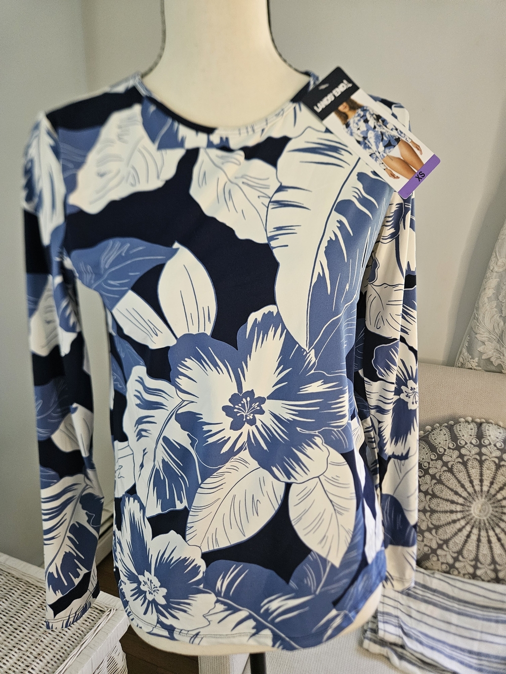 Lands' End Navy, Royal Blue & White Floral Long-Sleeve Top
